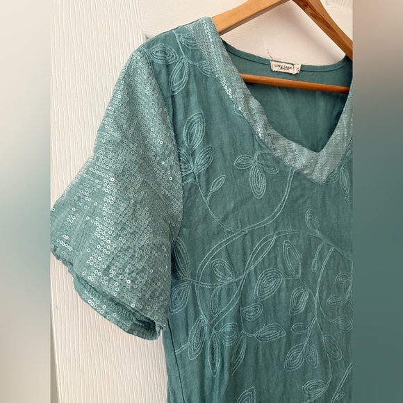 Lungo L’arno purolino made in Italy linen teal dress size small embroidered - Picture 2 of 10